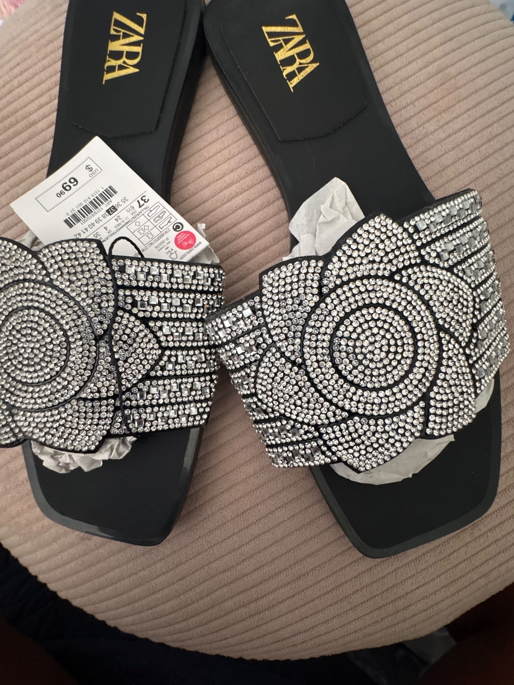 ZARA Black Sandal Slides with Silver Crystal Flower Detail